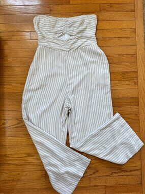 A&F Linen Viscose Striped Jumpsuit LP NWT Wide Leg Ruched Bodice Neutral Resort